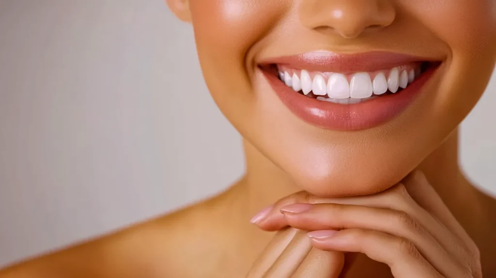 A close-up of a woman smiling with porcelain veneers applied, showing natural and bright teeth results at Pearl Dental in Modesto, California.