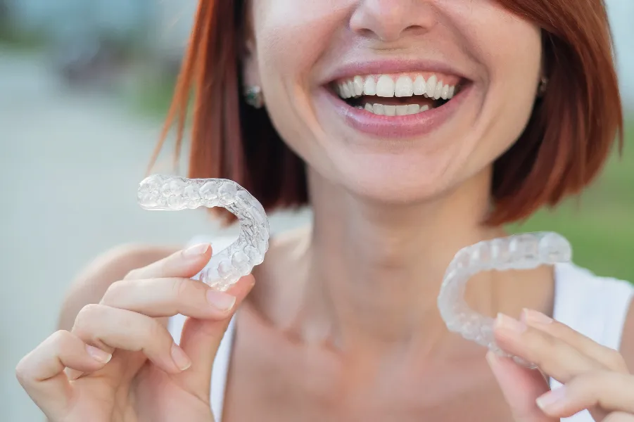 A woman smiling and holding clear aligners, representing invisible teeth straightening treatment offered by Pearl Dental in Modesto, California.